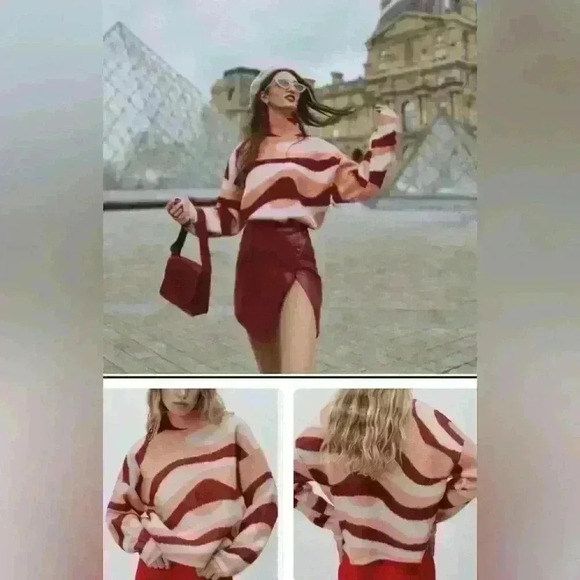 Zara Bloggers Pink Burgundy Jacquard Wave Mock Neck Sweater Medium Maximalist - Picture 1 of 9